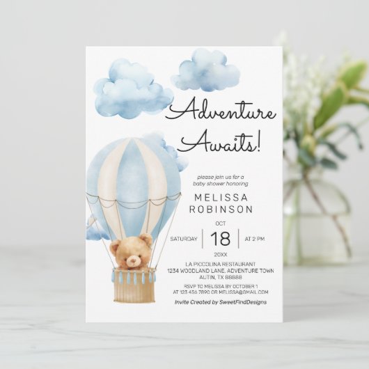 Invitation L'aventure attend l'ours en peluche bébé garçon do (Debout devant)