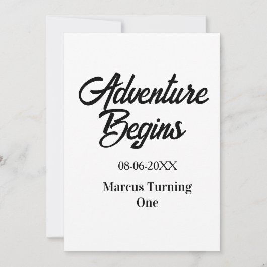 Invitation L'aventure commence 1er anniversaire nom date simp (Devant)