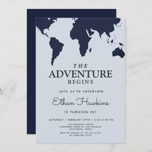 Invitation L'aventure commence Anniversaire World Travel Map  (Devant / Derrière)