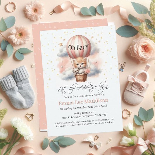 Invitation L'aventure commence Baby Kitten Hot Air Balloon