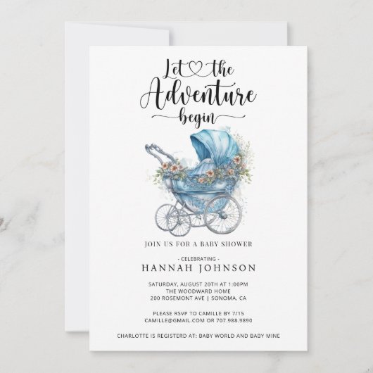 Invitation L'aventure commence Baby shower aquarelle (Devant)