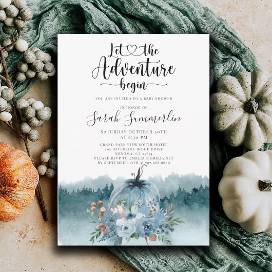 Invitation L'aventure commence Baby shower bleu Dusty