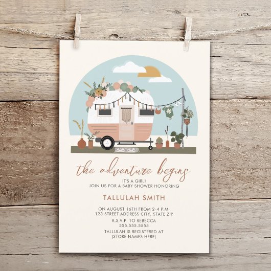 Invitation L'aventure commence Baby shower Boho Pink Camper