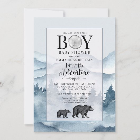 Invitation L'aventure commence bébé garçon douche Forêt Aquar (Devant)