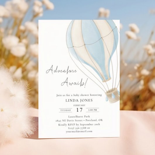 Invitation L'aventure commence Blue Hot Air Baby shower