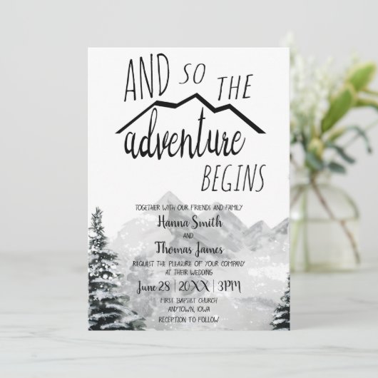 Invitation L'aventure commence donc Rustic Mountain Mariage (Debout devant)