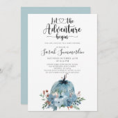 Invitation L'aventure commence Dusty Blue Fall Baby shower (Devant / Derrière)