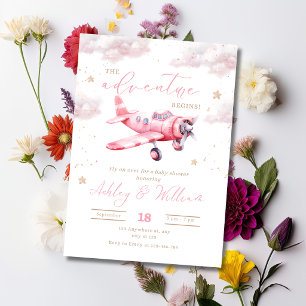 Invitation L'aventure Commence Fille au Petit Avion Rose Baby