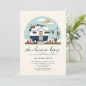 Invitation L'aventure commence le Baby shower Boho Blue Campe (Debout devant)