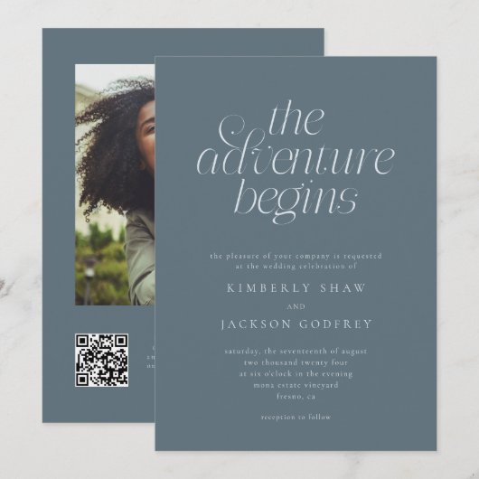 Invitation L'Aventure Commence Mariage Minimal Bleu Ardoise (Devant / Derrière)