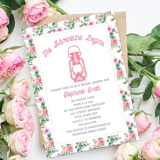 Invitation L'aventure commence rose lanterne florale