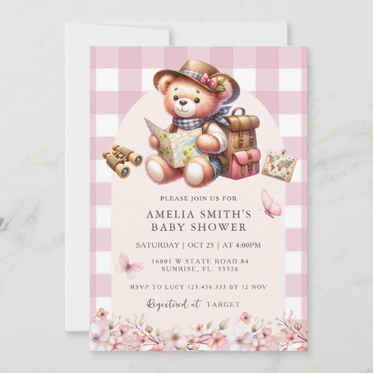 Invitation L'aventure commence rose mignon Baby shower ours (Devant)