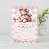 Invitation L'aventure commence rose mignon Baby shower ours (Debout devant)
