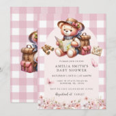 Invitation L'aventure commence rose mignon Baby shower ours (Devant / Derrière)
