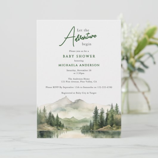 Invitation L'aventure commence Watercolor Mountains Baby show (Debout devant)