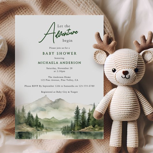 Invitation L'aventure commence Watercolor Mountains Baby show