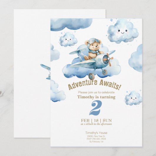 Invitation L'aventure de Teddy dans les airs pour son 2e anni (Devant / Derrière)