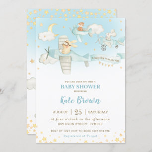 Invitation L'avion de Cute Animals étoilé Sky Baby shower Boy