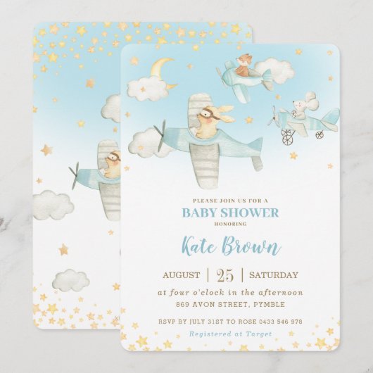 Invitation L'avion de Cute Animals étoilé Sky Baby shower Boy (Devant / Derrière)