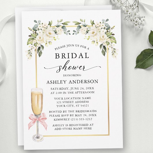 Invitation Lavis de Roses Blanches Ruban Rose Mariage