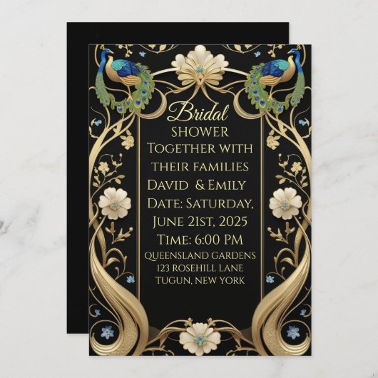 Invitation Lavish Art Nouveau Mariage noir et or Invitati (Devant / Derrière)