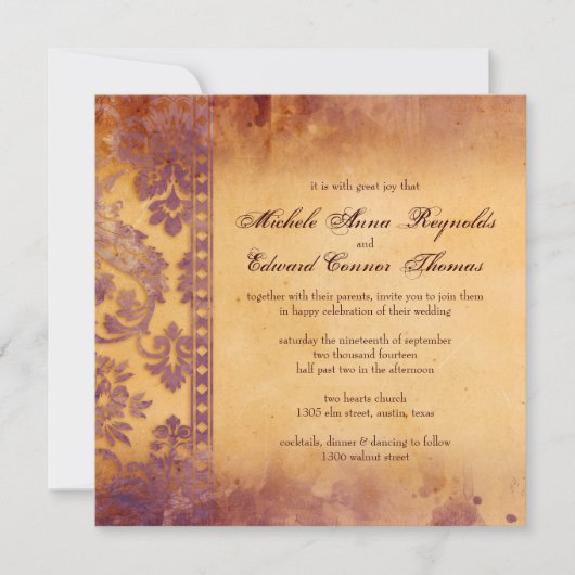 Invitation Lavish Lilac Grunge Damask Lace Mariage (Devant)