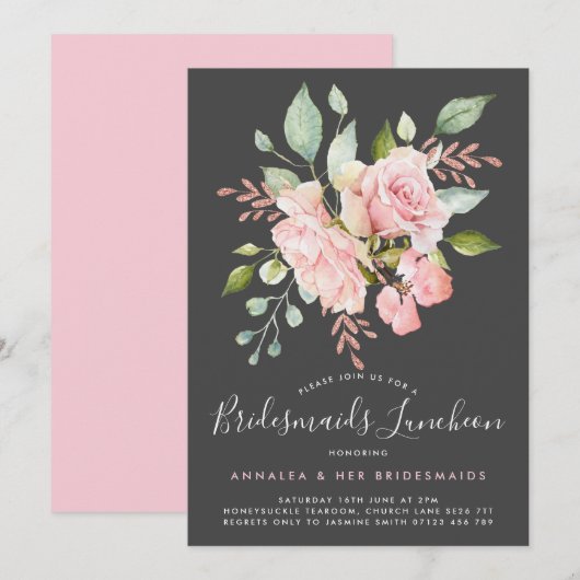 Invitation Lavish Rose Roses et Parties scintillant Bridesmai (Devant / Derrière)