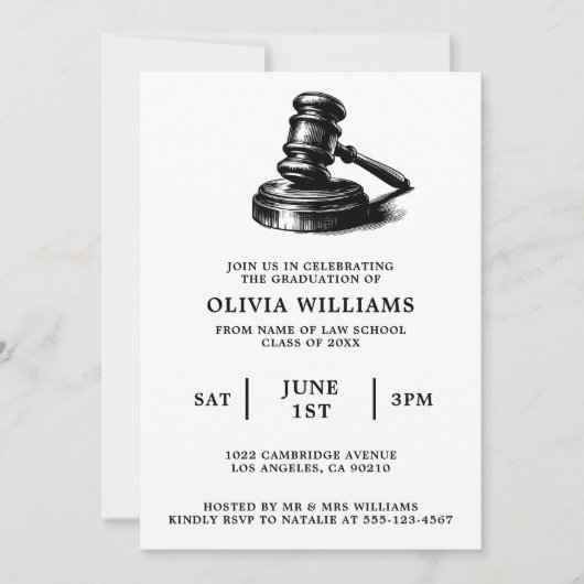 Invitation Law School Gavel Black & White Graduation Party (Devant)