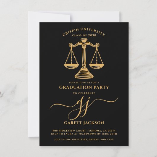 Invitation Law School Gold Script Photo Black Graduation (Devant)