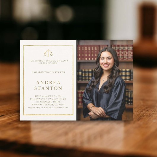 Invitation Law School Graduation Gold Frame Photo moderne