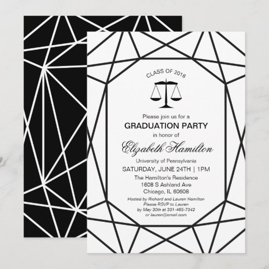 Invitation Law School Graduation Party Chic noir et blanc (Devant / Derrière)