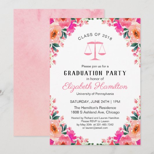 Invitation Law School Graduation Party Hot rose Floral (Devant / Derrière)