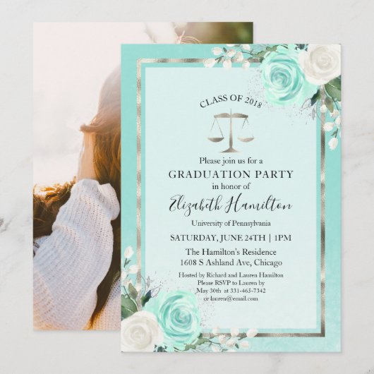 Invitation Law School Graduation Party Photo Turquoise Floral (Devant / Derrière)