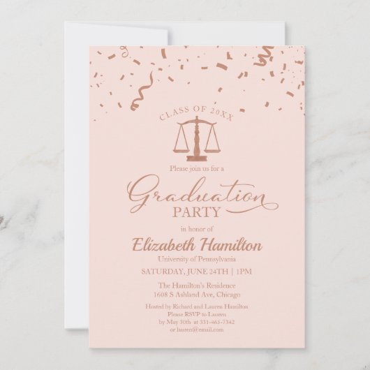 Invitation Law School Graduation Party Rose Gold Confetti (Devant)