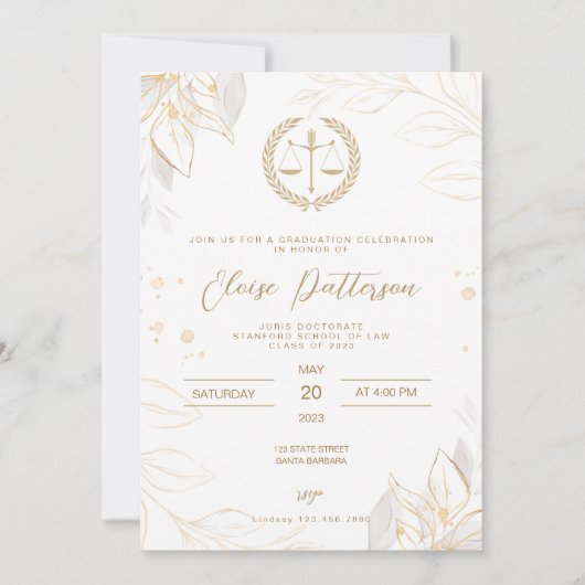 Invitation Law School Graduation Party - Simple or et blanc (Devant)