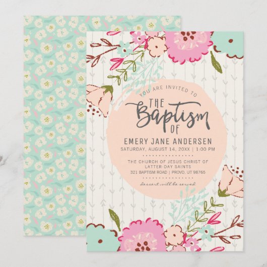 INVITATION LDS BAPTISM | Élégant Chic Floral Girl (Devant / Derrière)