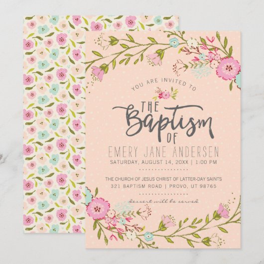 INVITATION LDS BAPTISM | Élégante Fille Florale Ro (Devant / Derrière)
