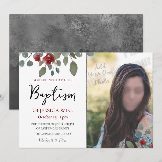 Invitation LDS Baptism Girl Aquarelle Rose Floral (Devant / Derrière)