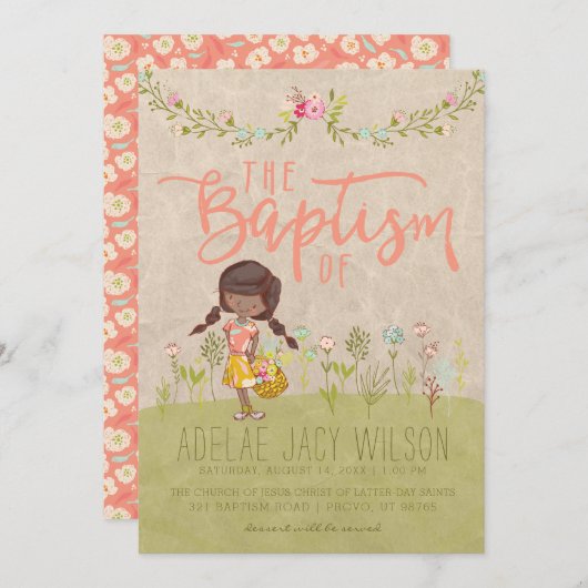 INVITATION LDS BAPTISM | Sweet Vintage Floral Girl (Devant / Derrière)