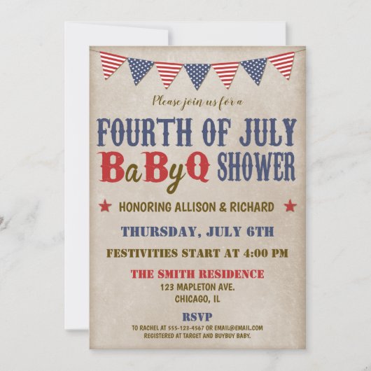 Invitation Le 4 juillet baby shower rouge blanc bleu rustique (Devant)