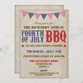 Invitation Le 4 juillet, feux d'artifice rustique rouge blanc (Devant / Derrière)