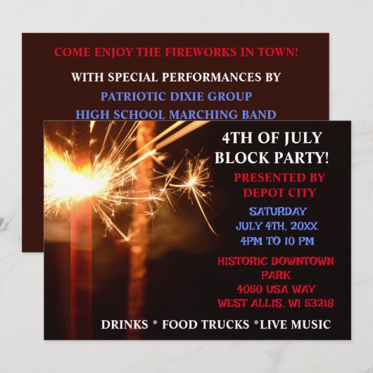 Invitation Le 4 juillet Parti du bloc de l'indépendance Spark (Devant / Derrière)