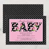 Invitation Le Baby shower "bébé" de Polka rose noire (Devant / Derrière)