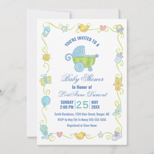 Invitation Le Baby shower bleu et blanc de Sweet Dreams (Devant)