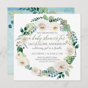 Invitation Le Baby shower Bleu et blanc Roses Feuille de cour