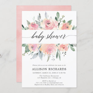 Invitation Le baby shower de fille, élégant rougissent floral