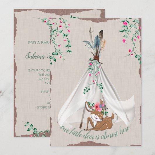 Invitation Le Baby shower de la tribu Boho Tipi et Deer Coupl (Devant / Derrière)