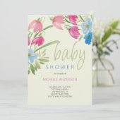 Invitation Le Baby shower De Printemps Vert Blanc Et Bleu Flo (Debout devant)