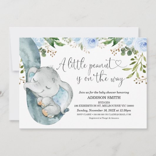 Invitation Le Baby shower de troncs d'éléphants de petite ara (Devant)