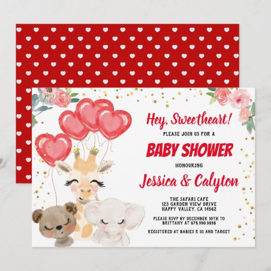 Invitation Le Baby shower de Valentine par mail mignon Animau (Devant / Derrière)